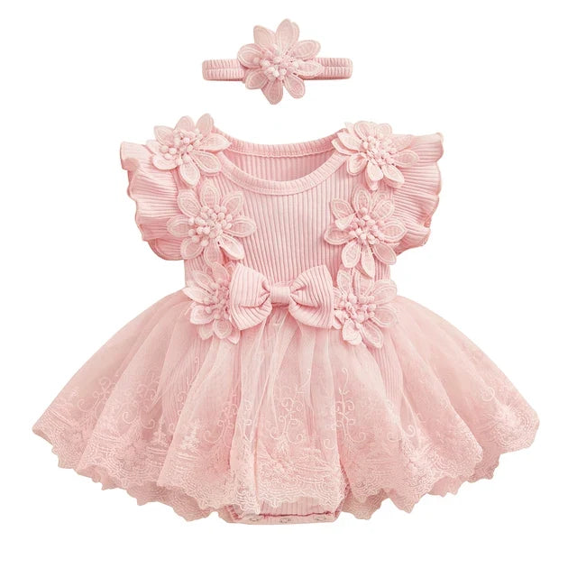 EVERLY Crochet Flower & Lace Romper with Headband