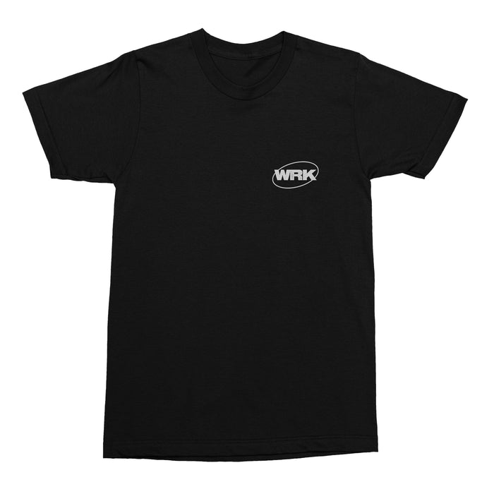 Black short sleeve shirt with WRK written in the top corner surrounded by an oval.