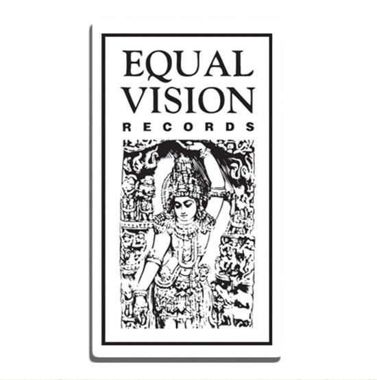 Sticker against white background. Sticker has Equal Vision logo printed on it in black and white.