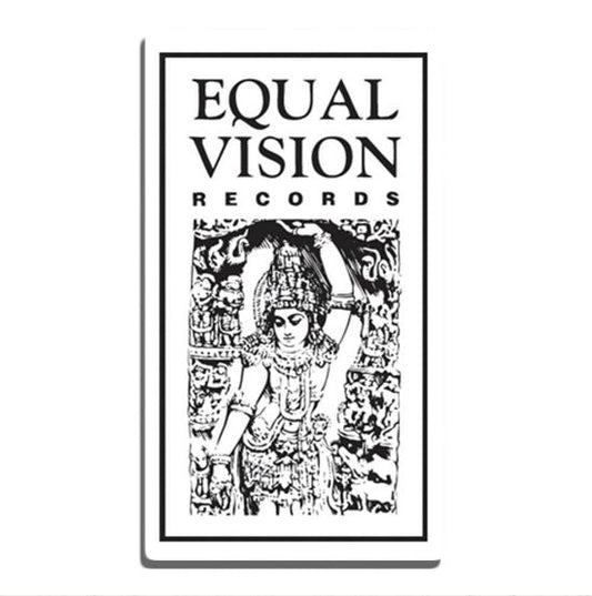 Sticker against white background. Sticker has Equal Vision logo printed on it in black and white.