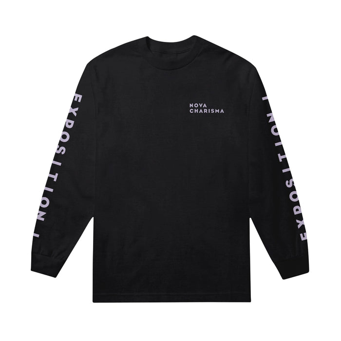 Black long sleeve shirt with NOVA CHARISMA written in the top right. Along both sleeves, EXPOSITION I is written vertically.