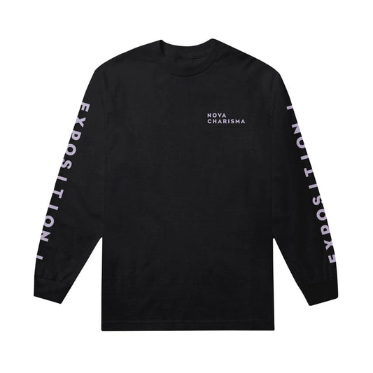 Black long sleeve shirt with NOVA CHARISMA written in the top right. Along both sleeves, EXPOSITION I is written vertically.