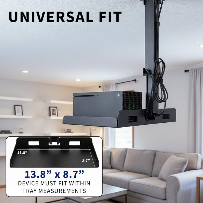 Ceiling mount for a projector with dimensions displayed, set against a living room background.