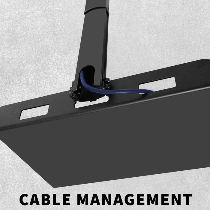 Black projector tray with cable management feature on a gray background