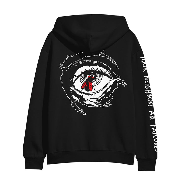 Back of black zip up hoodie with a drawing of an eye in the center. On top of the eye is a drawing of a red fly.