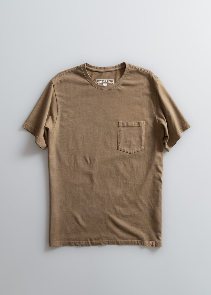 Brown t-shirt with a chest pocket on a plain background. Features "Iron and Resin" logo inside the collar. Simple and classic design.