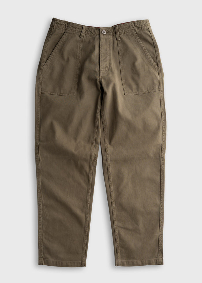 Green work pants with front pockets and belt loops, displayed on a white background, showcasing casual and durable design.