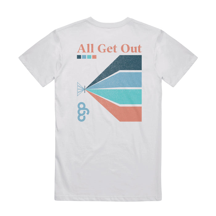 Back of short sleeve shirt with orange text that says ALL GET OUT. Below that is a color blocked design with black, baby blue, teal, and orange coloring. To the left of that design is the same text that says AGO in blue.