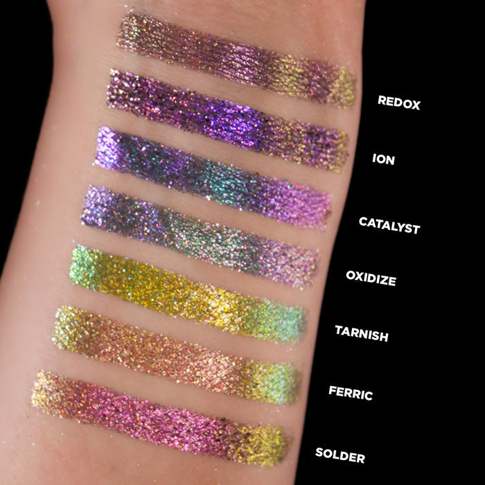 Wrist swatches of Redox, Ion, Catalyst, Oxidize, Tarnish, Ferric and Solder on fair skin tone.