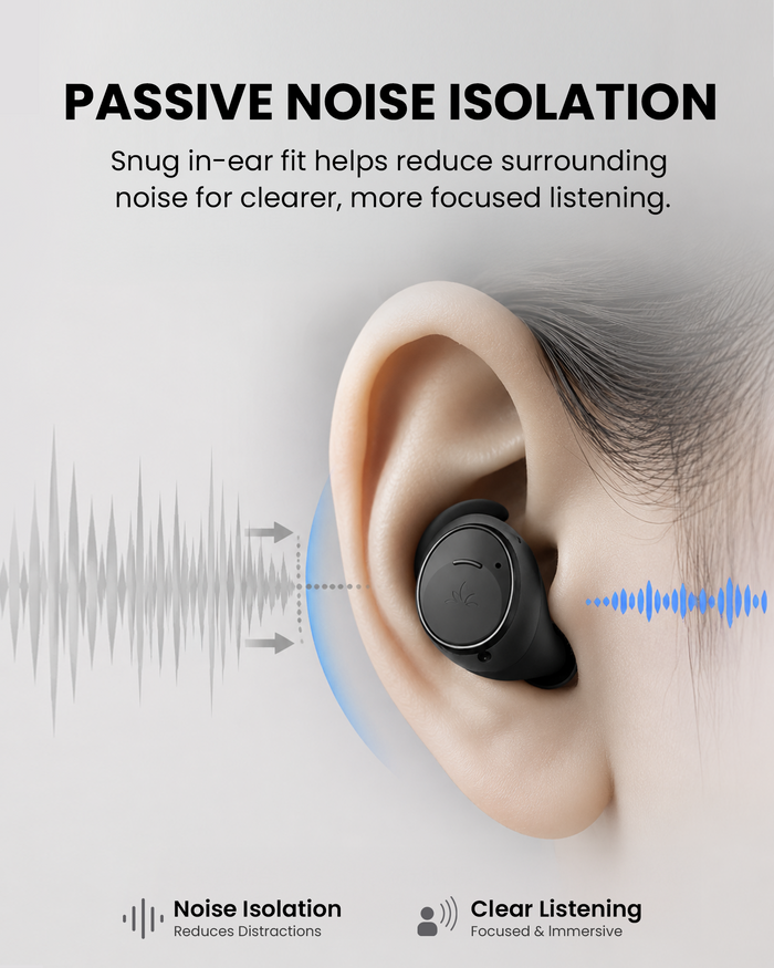 Ace Aura Auracast & Bluetooth Earbuds for TV, gym, and public use, with passive noise isolation for immersive listening.