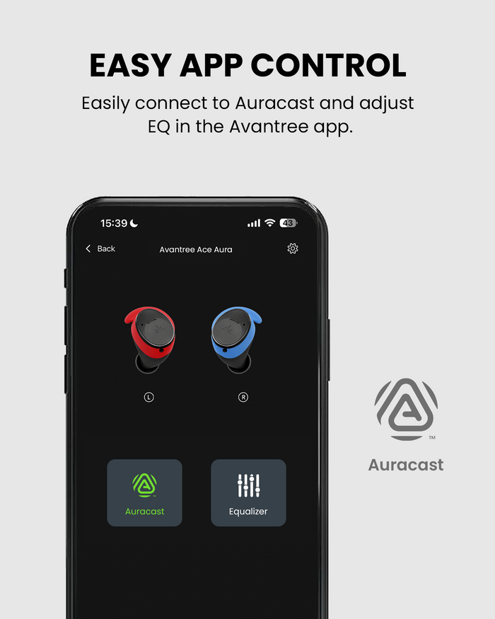 Ace Aura Auracast & Bluetooth Earbuds for TV, gym, and public use with Avantree app control for easy Auracast connection and EQ adjustment.