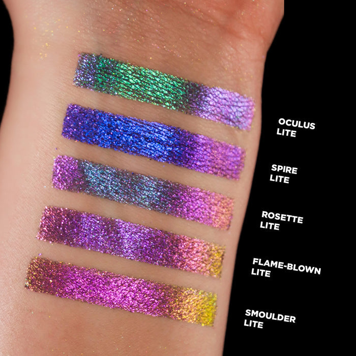 Wrist swatches of Oculus Lite, Spire Lite, Rosette Lite, Flame-Blown Lite and Smoulder Lite on fair skin tone.