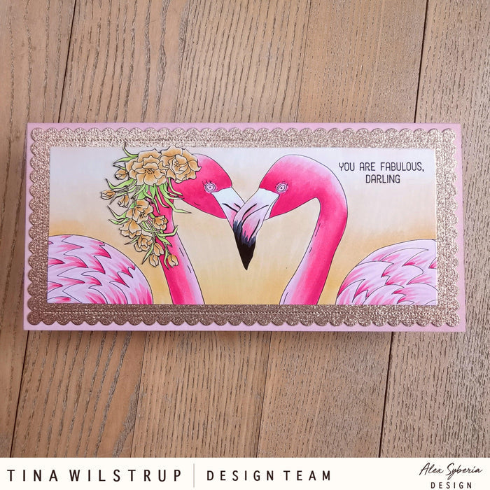 Flirty Flamingos Slimline Card Panel Digital Stamp - Alex Syberia Designs