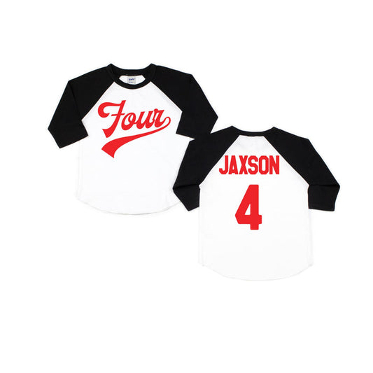 "Four" Red Design 4th Birthday Baseball Raglan