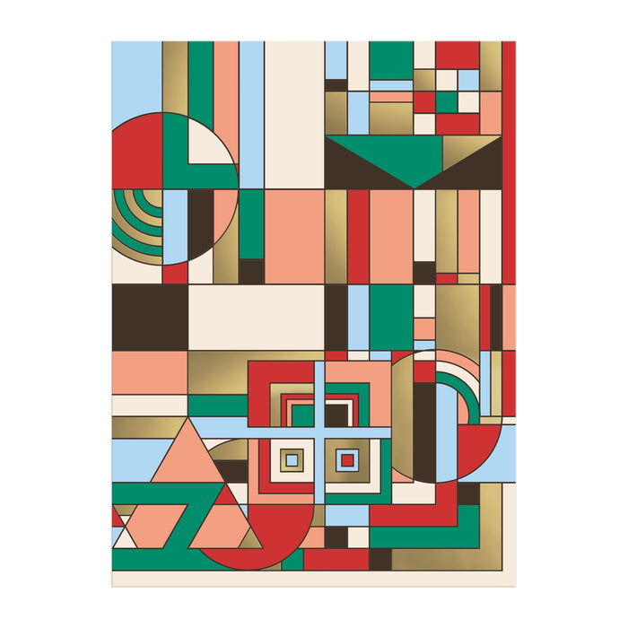 The Frank Lloyd Wright Foundation’s December Gifts 1000 Piece Foil Puzzle features an abstract, colorful pattern of rectangles and circles in red, green, blue, gold, cream, and black inspired by Frank Lloyd Wrights geometric style.