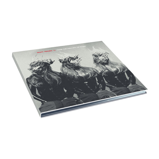 Grey colored CD with three women sitting in a row on the cover. The women are all wearing the same black clothing. None of their faces are visible, because they are being distorted. On the top, there is text that says NIGHT VERSES FROM THE GALLERY OF SLEEP.
