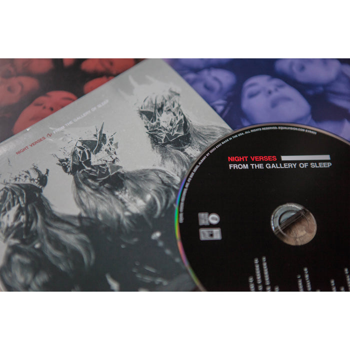 Grey colored CD with three women sitting in a row on the cover. The women are all wearing the same black clothing. None of their faces are visible, because they are being distorted. On the top, there is text that says NIGHT VERSES FROM THE GALLERY OF SLEEP. On top of the cover is a disc that is black and says NIGHT VERSES FROM THE GALLERY OF SLEEP.