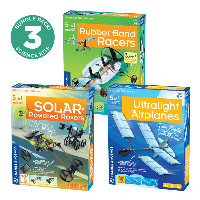 Fun & Educational Engineering 3-Pack. Ultralight Airplanes, Rubber Band Racers, and Solar-Powered Rovers STEM Thames & Kosmos