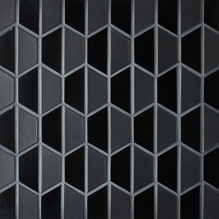 Caption: Classic Field Half Hex in M34.2 Museum Black & G18.2 in Gloss Black. Prism Charcoal grout by Custom Building Products.