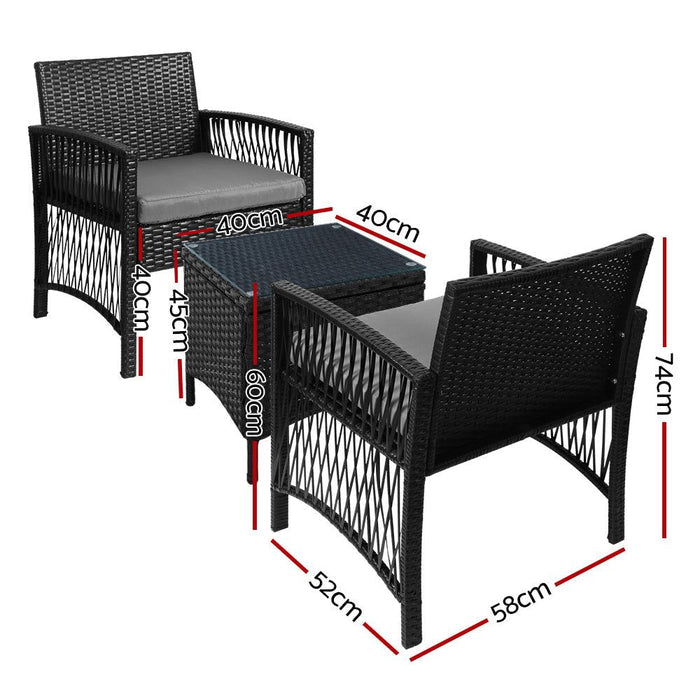 Gardeon Patio Furniture Outdoor Bistro Set Dining Chairs Setting 3 Piece Wicker -Home Living Store - -