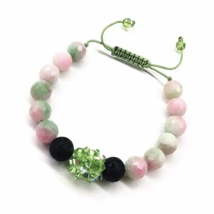 Gem Packed Watermelon Jade Crystal Lava Rock Bracelet featuring pink watermelon jade and black lava rock beads.