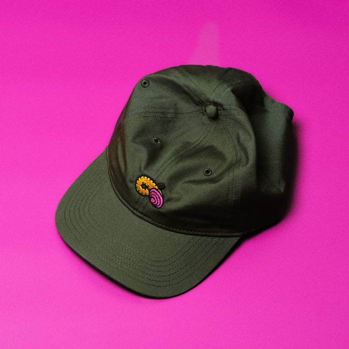 Green cap with a small embroidered design on a pink background