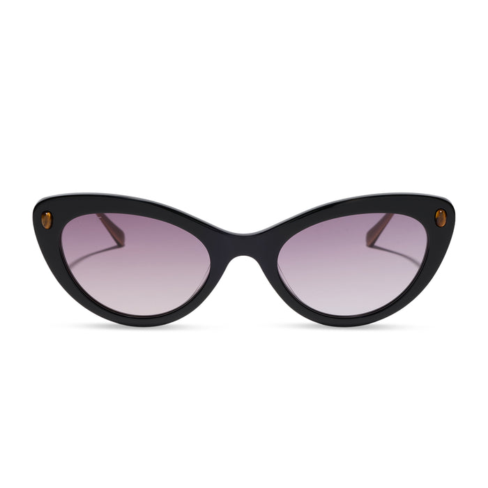 diff eyewear x practical magic 2 featuring the gillian cateye sunglasses with a black frame and purple gradient lenses front view