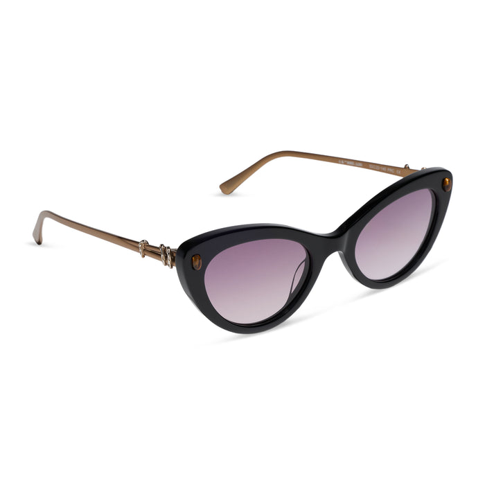 diff eyewear x practical magic 2 featuring the gillian cateye sunglasses with a black frame and purple gradient lenses angled view