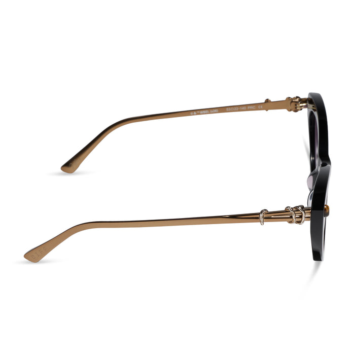 diff eyewear x practical magic 2 featuring the gillian cateye sunglasses with a black frame and purple gradient lenses side view
