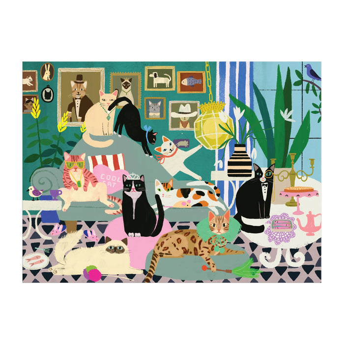 The Glamour Cats 1000 Piece Puzzle by Anne Bentley features thirteen elegant cats relaxing in a chic living room with plants, framed portraits, toys, and cozy furniture, capturing feline charm in a colorful illustration.