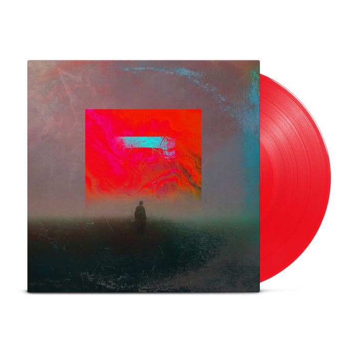 Vinyl is Red on side A. The jacket is a hazy image of a man standing underneath a red square.  The ground the man is standing on is black with a pink sky.
