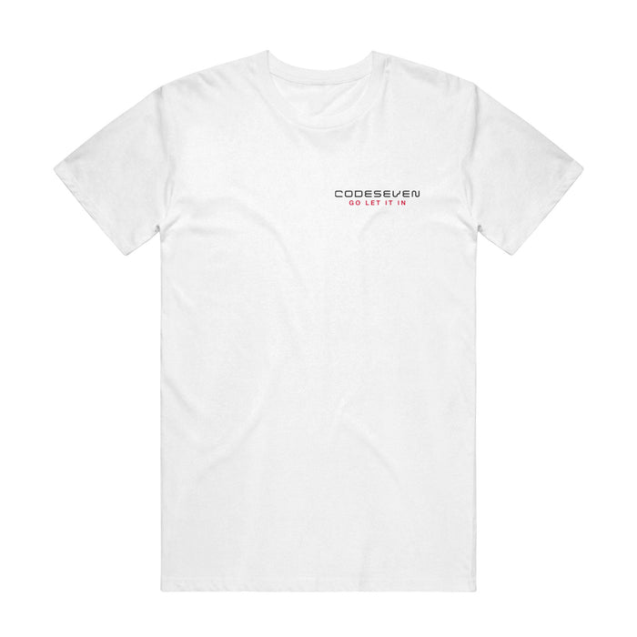 White t-shirt with "CODESEVEN" printed in black in upper right corner. Below this "GO LET IT IN" is printed in red.