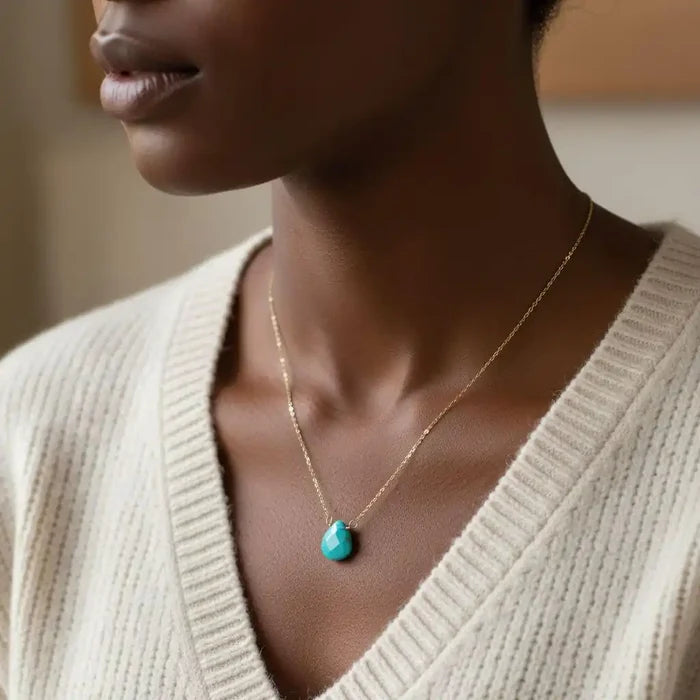 Gold Filled Aqua Jade Wire Wrap Gemstone Drop Necklace worn by a model on a neutral background.