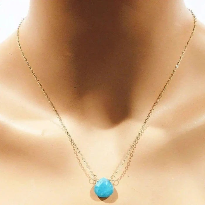 Gold Filled Aqua Jade Wire Wrap Gemstone Drop Necklace displayed on a mannequin with a delicate gold chain.