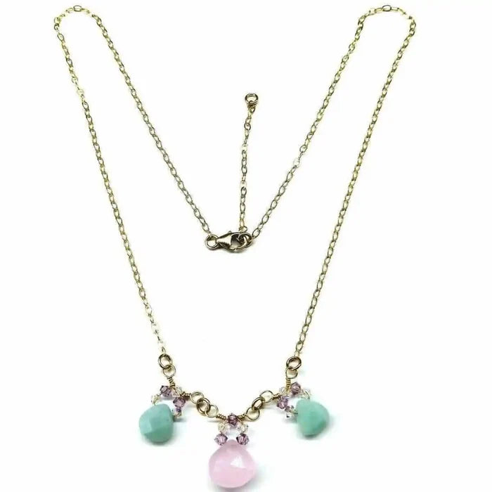 Gold Filled Light Pink and Mint Chalcedony Chain Necklace with rose chalcedony and mint green drops.