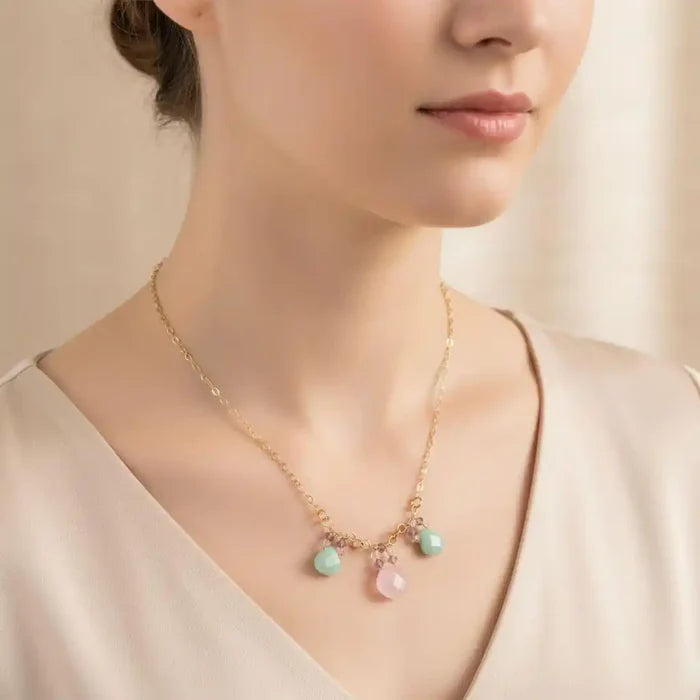 Gold Filled Light Pink and Mint Chalcedony Chain Necklace worn by a model, showcasing delicate gemstones and gold accents.