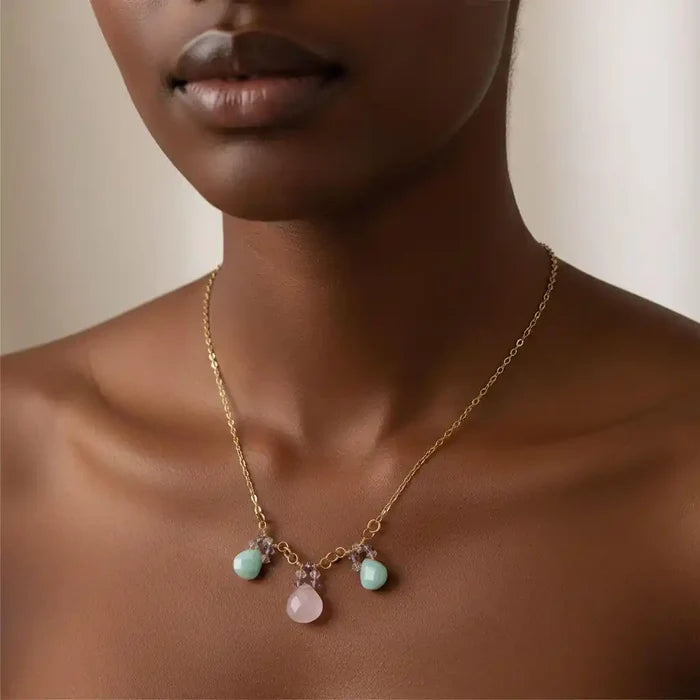 Gold Filled Light Pink and Mint Chalcedony Chain Necklace displayed on model, showcasing delicate rose and mint briolette drops.