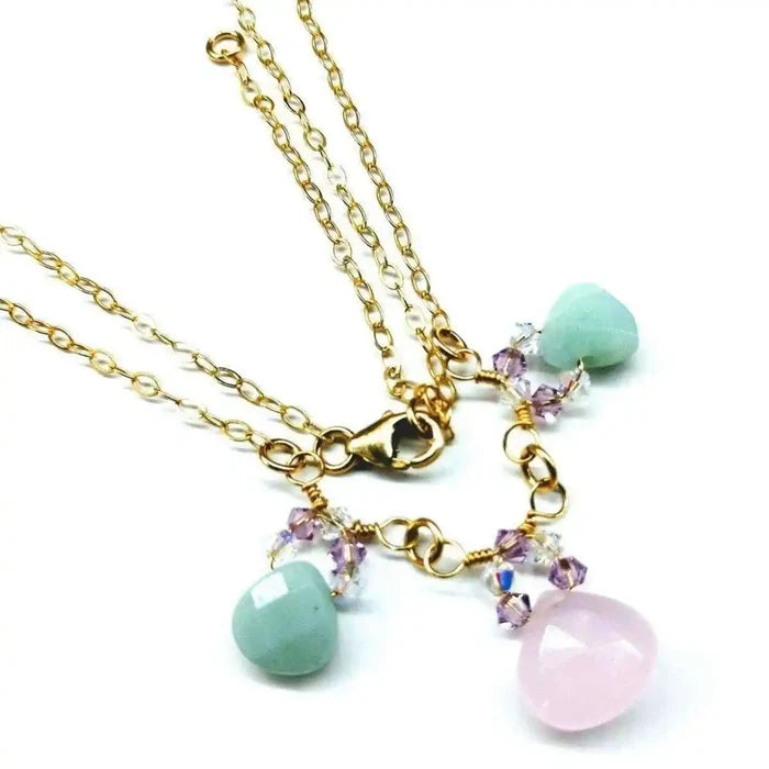 Gold Filled Light Pink and Mint Chalcedony Chain Necklace featuring rose chalcedony and mint green amazonite drops.