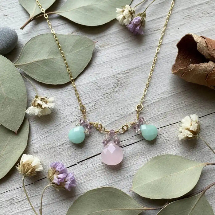 Gold Filled Light Pink and Mint Chalcedony Chain Necklace featuring rose and mint chalcedony drops.