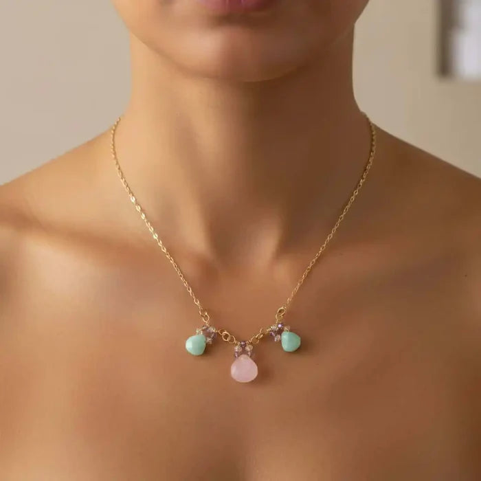 Gold Filled Light Pink and Mint Chalcedony Chain Necklace worn by model, featuring rose chalcedony and mint green amazonite drops.