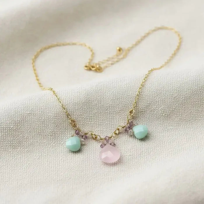 Gold Filled Light Pink and Mint Chalcedony Chain Necklace featuring rose chalcedony and mint green amazonite drops.