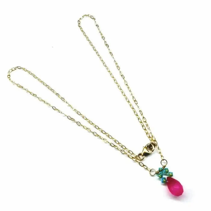 Gold Filled Pink and Aqua Gemstone Crystal Chain Necklace showcasing a hot pink chalcedony gemstone drop.