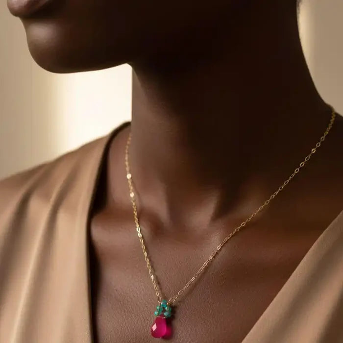 Gold Filled Pink and Aqua Gemstone Crystal Chain Necklace worn on a model's neck showcasing vibrant colors.