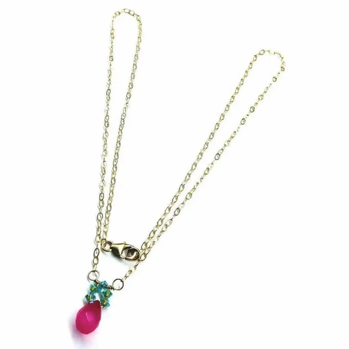 Gold Filled Pink and Aqua Gemstone Crystal Chain Necklace featuring a hot pink chalcedony drop and sparkling wire wrap.