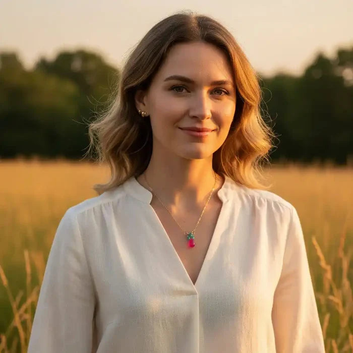 Gold Filled Pink and Aqua Gemstone Crystal Chain Necklace worn by a woman in a field during sunset.