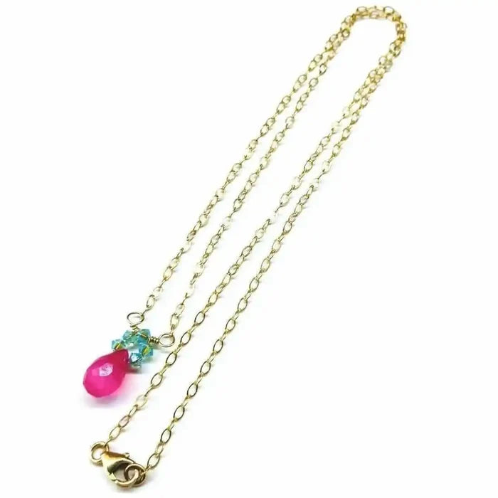 Gold Filled Pink and Aqua Gemstone Crystal Chain Necklace featuring a vibrant pink drop and sparkling crystals