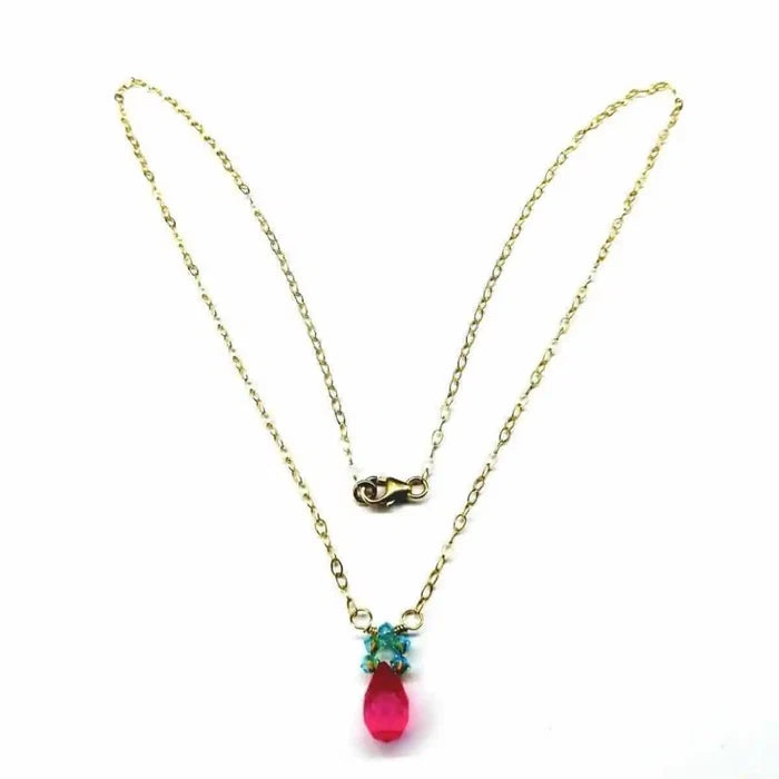 Gold Filled Pink and Aqua Gemstone Crystal Chain Necklace featuring a hot pink chalcedony drop and sparkling accents.