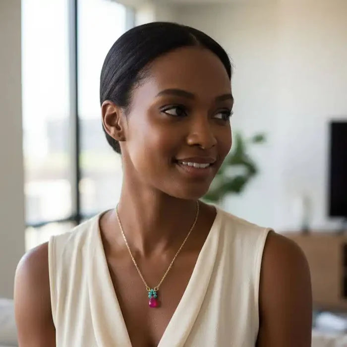 Gold Filled Pink and Aqua Gemstone Crystal Chain Necklace showcased on a woman in an elegant setting.