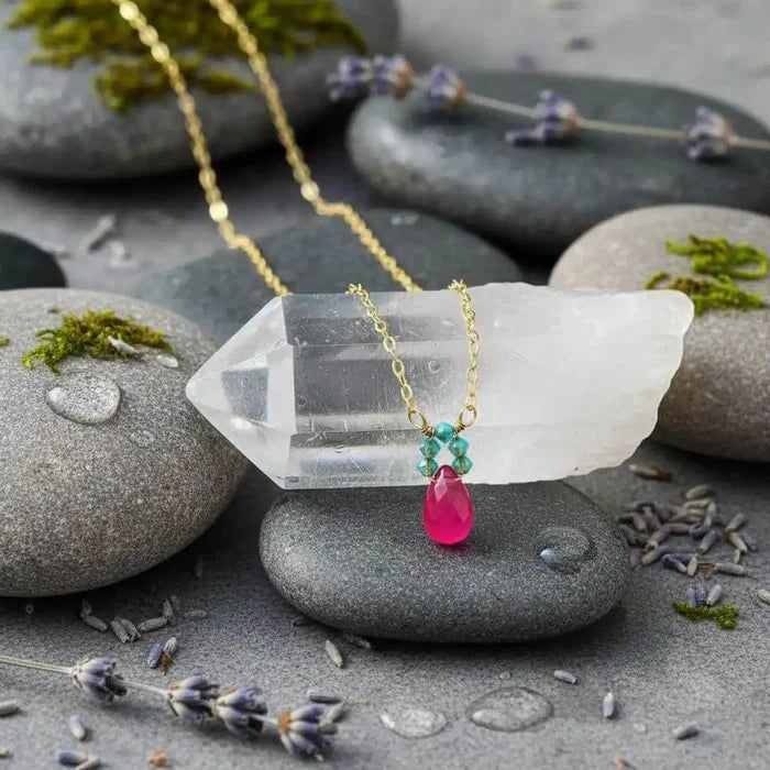 Gold Filled Pink and Aqua Gemstone Crystal Chain Necklace on beautiful stones with lavender elements.