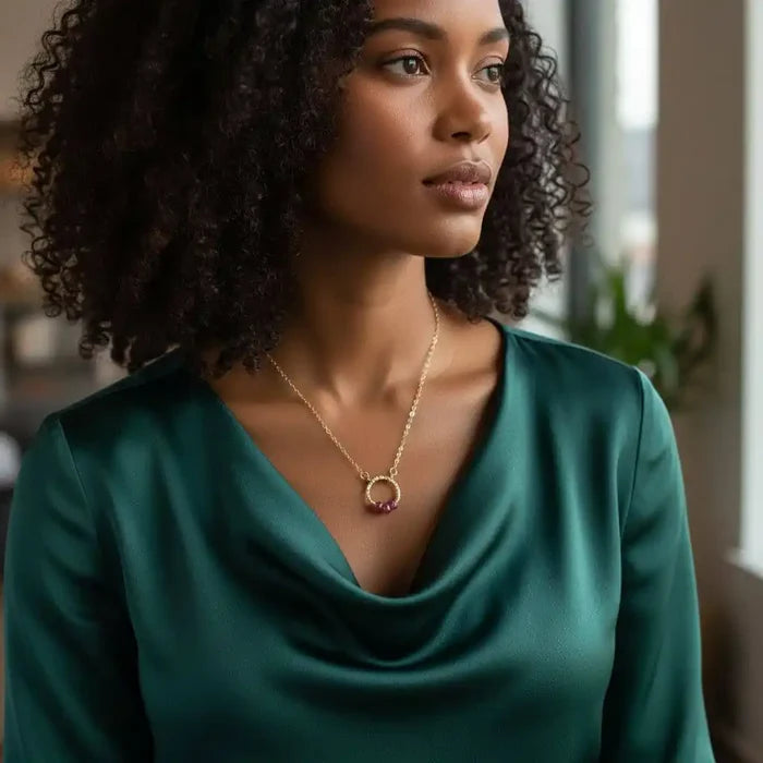 Gold Filled Pink Chalcedony Open Circle Necklace worn by a woman in a green top, showcasing contemporary elegance.